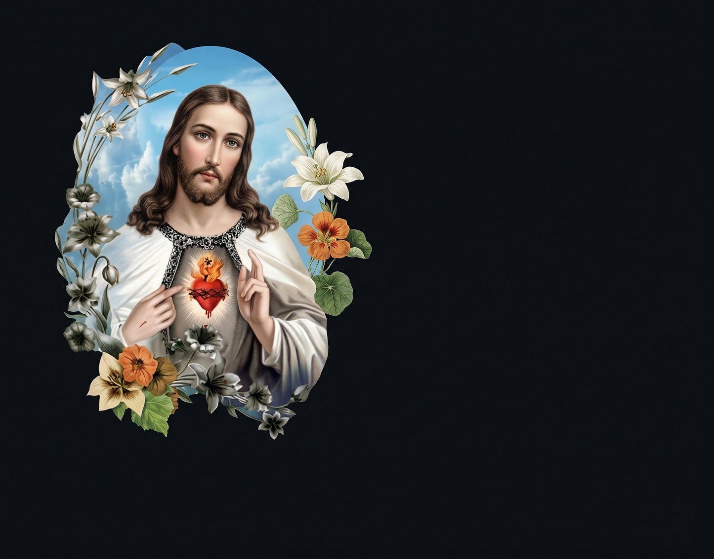 Lápida con imagen del Sagrado Corazón de Jesús con efecto láser a color sobre fondo negro, diseño emotivo que simboliza fe y recuerdo eterno