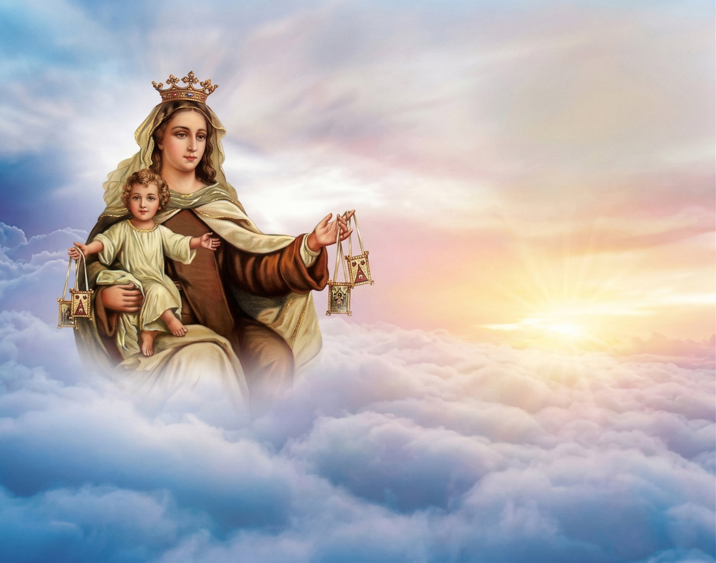 Lápida con imagen de la Virgen del Carmen entre nubes, diseño emotivo que simboliza protección, fe y recuerdo eterno