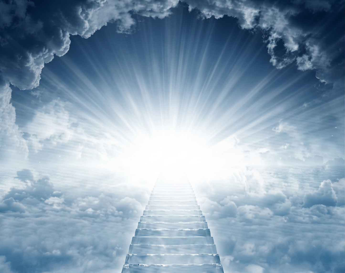 Lápida con imagen de una escalera ascendiendo hacia un cielo azul cobalto, diseño emotivo que simboliza trascendencia, paz y recuerdo eterno