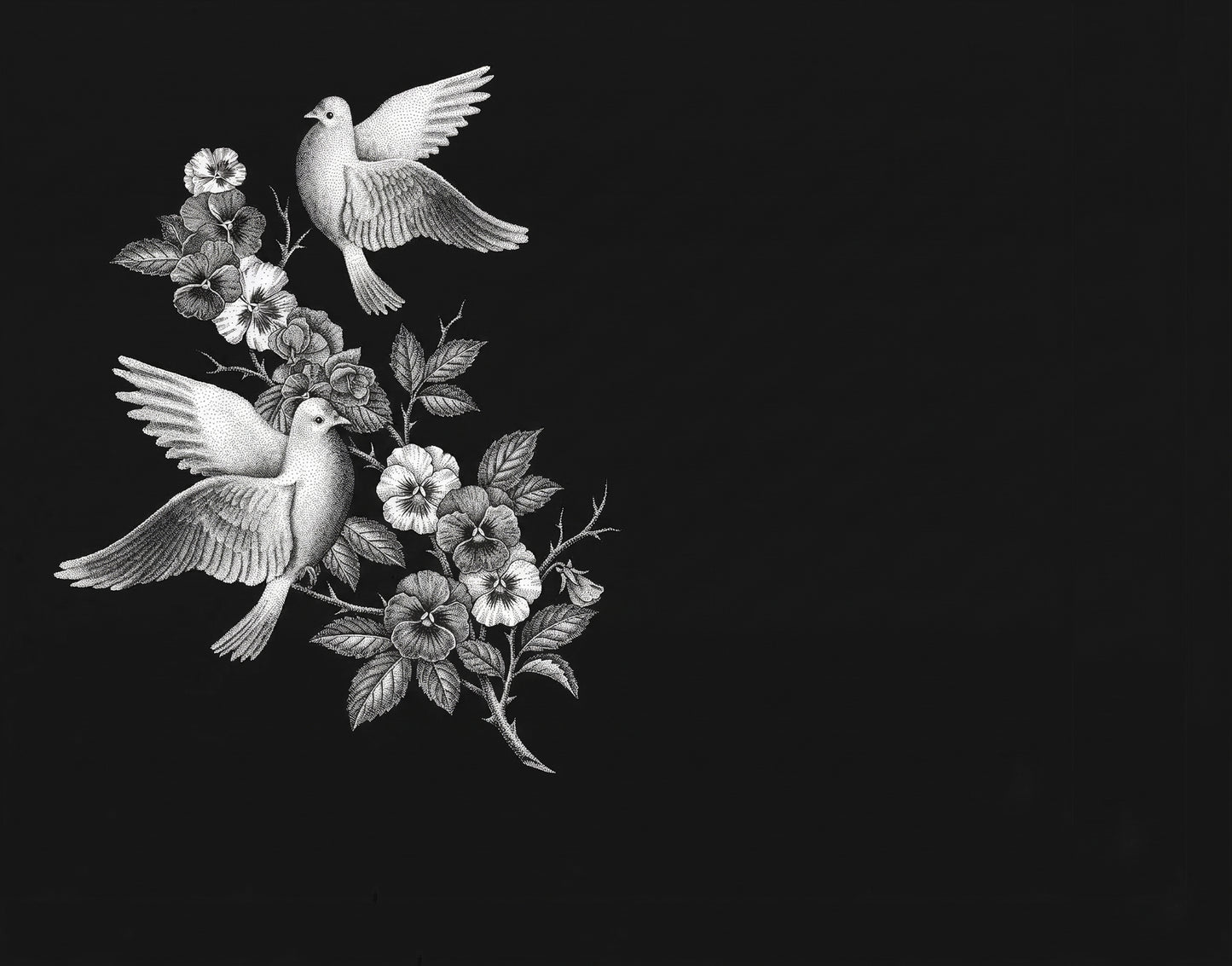 "Lápidas personalizadas con el grabado de pareja de palomas. Arte sacro de alta fidelidad en granito negro con tecnología láser HD. 50 años de garantía y respeto."