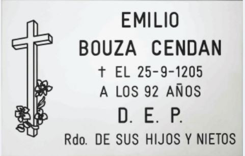 Placas RM04 en acero inoxidable con acabado brillo y grabación personalizada. Medidas: 15x10, 18x12, 24x12, 25x15 y 30x20 cm. Entrega en 7–10 días. info@memorialspain.com.