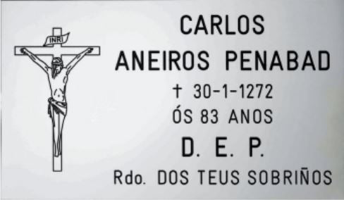 Placas RM07 de acero inoxidable en acabado brillo con grabación personalizada. Medidas: 15x10, 18x12, 24x12, 25x15 y 30x20 cm. Entrega 7–10 días. Contacto: info@memorialspain.com.