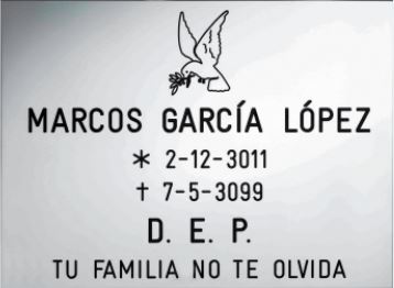 Placas RM09 de acero inoxidable en acabado brillo con grabación personalizada. Medidas: 15x10, 18x12, 24x12, 25x15 y 30x20 cm. Entrega en 7–10 días. Contacto en info@memorialspain.com.