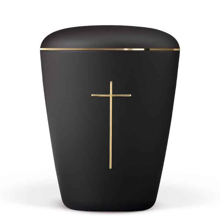 Urna biodegradable para cenizas negra con cruz dorada
