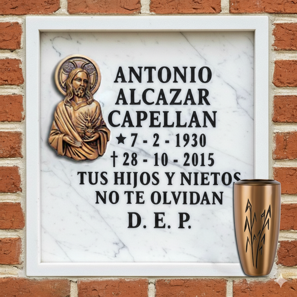 Lápida de columbario en mármol con imagen del Sagrado Corazón en relieve y jarrón de bronce, con inscripción conmemorativa