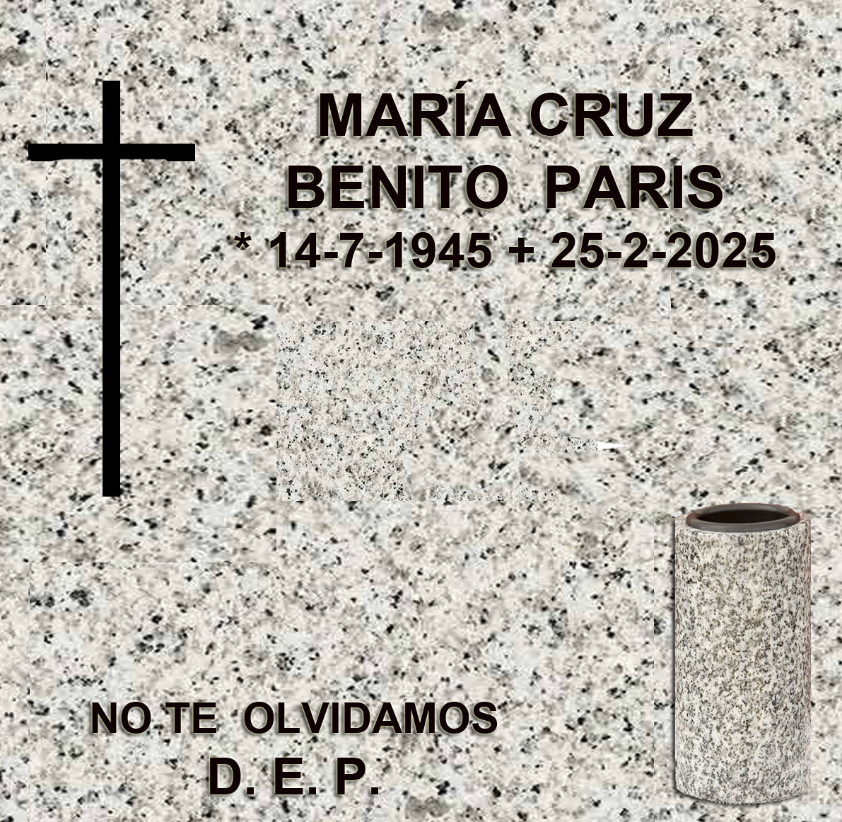 Cruz grabada con jarrón de granito para lápidas de columbario, con inscripción personalizada en Madrid. Diseño clásico, resistente y adaptado a normativas de cementerio. Memorial Spain.