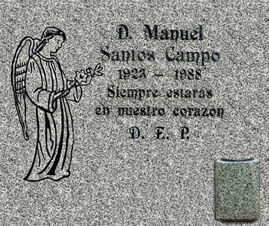 Decoración de lápida con ángel y jarrón, grabado profesional en Madrid. Instalación y personalización según normativa del cementerio. Memorial Spain.