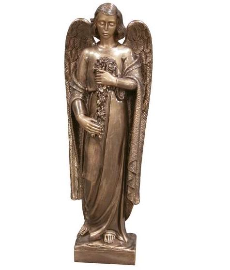 Elegante Ángel con Ramo de Flores fabricado en mármol sintético (64 cm). Escultura resistente a la intemperie, ideal para decoración de panteones y jardines.