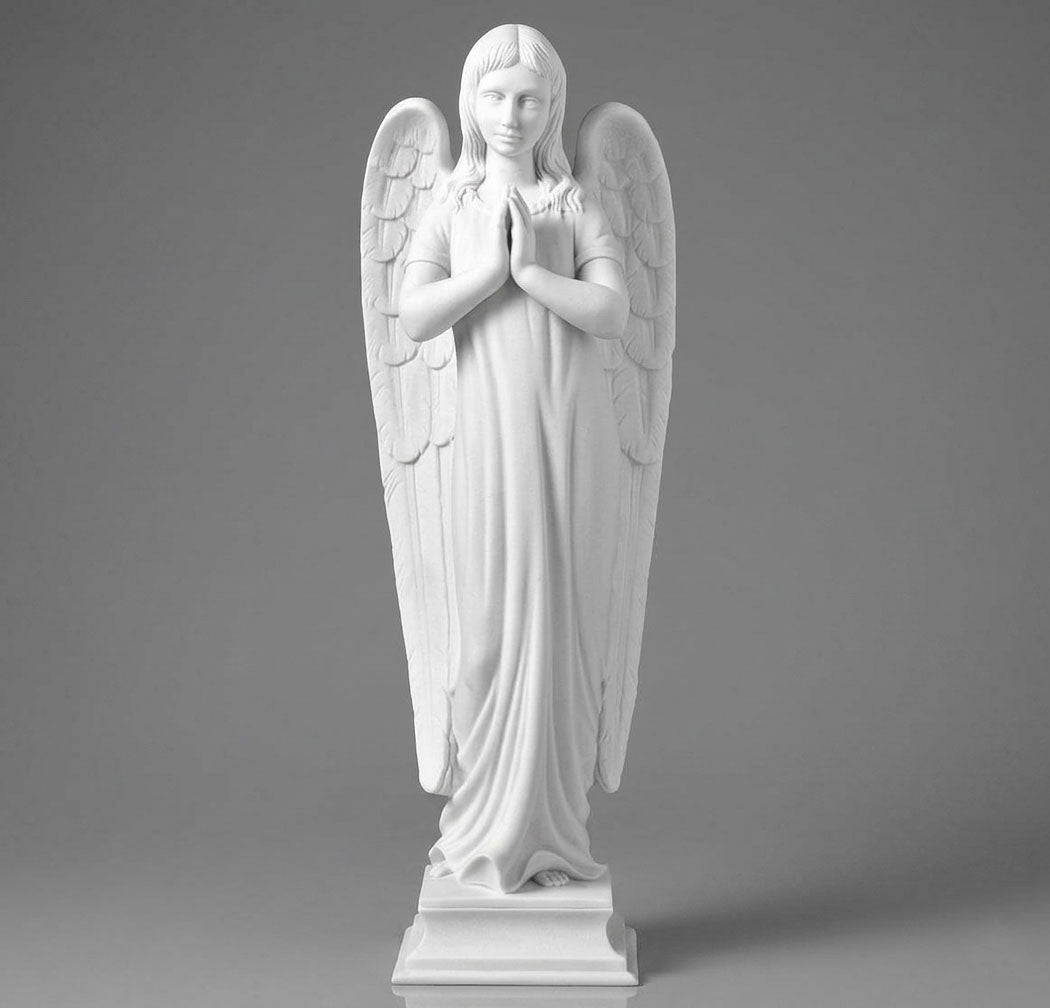 Escultura de Ángel en marmolina (38 y 63 cm). Incluye fijación a suelo, ideal para lápidas y exteriores. Calidad garantizada. Contacto: info@memorialspain.com