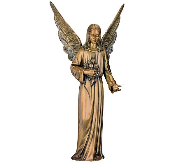 Estatua monumental de Ángel de la Ofrenda en bronce de 95 cm. Obra de arte funerario de lujo para panteones y mausoleos. Resistencia extrema y detalle artístico.