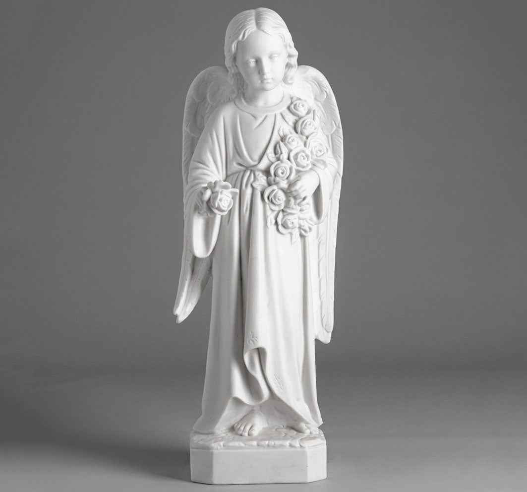 Escultura en Marmolina de Angelito con Ramo de Flores 62 cm