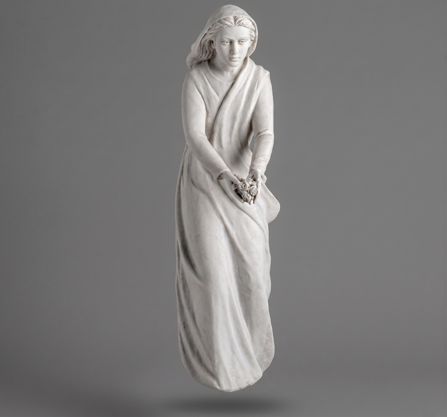 Escultura de joven con flores (75 cm) en mármol sintético. Alta resistencia para exterior, incluye fijación a suelo. Ref: MR 7474. ¡Consulte disponibilidad