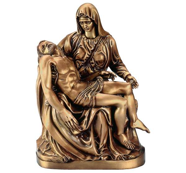 Réplica de La Piedad en bronce disponible en 19 cm (lápidas) y 69 cm (panteones). Acabado artístico de alta resistencia y durabilidad para exteriores. Envío especializado.