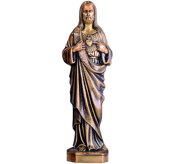 Imagen del Sagrado Corazón en bronce para arte funerario. Disponible en 35, 50, 81 y 95 cm. Ideal para lápidas, nichos y panteones. Máxima resistencia a la intemperie.