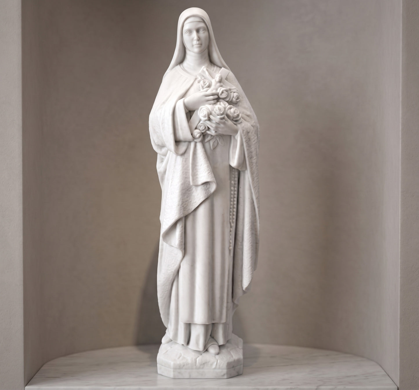 Encuentra la Imagen de Santa Teresa ideal para honrar a tus seres queridos. Fabricada en marmolina resistente, disponible en 30, 40 y 60 cm. Perfecta para instalación en lápidas y monumentos funerarios. Calidad y detalle excepcional.
