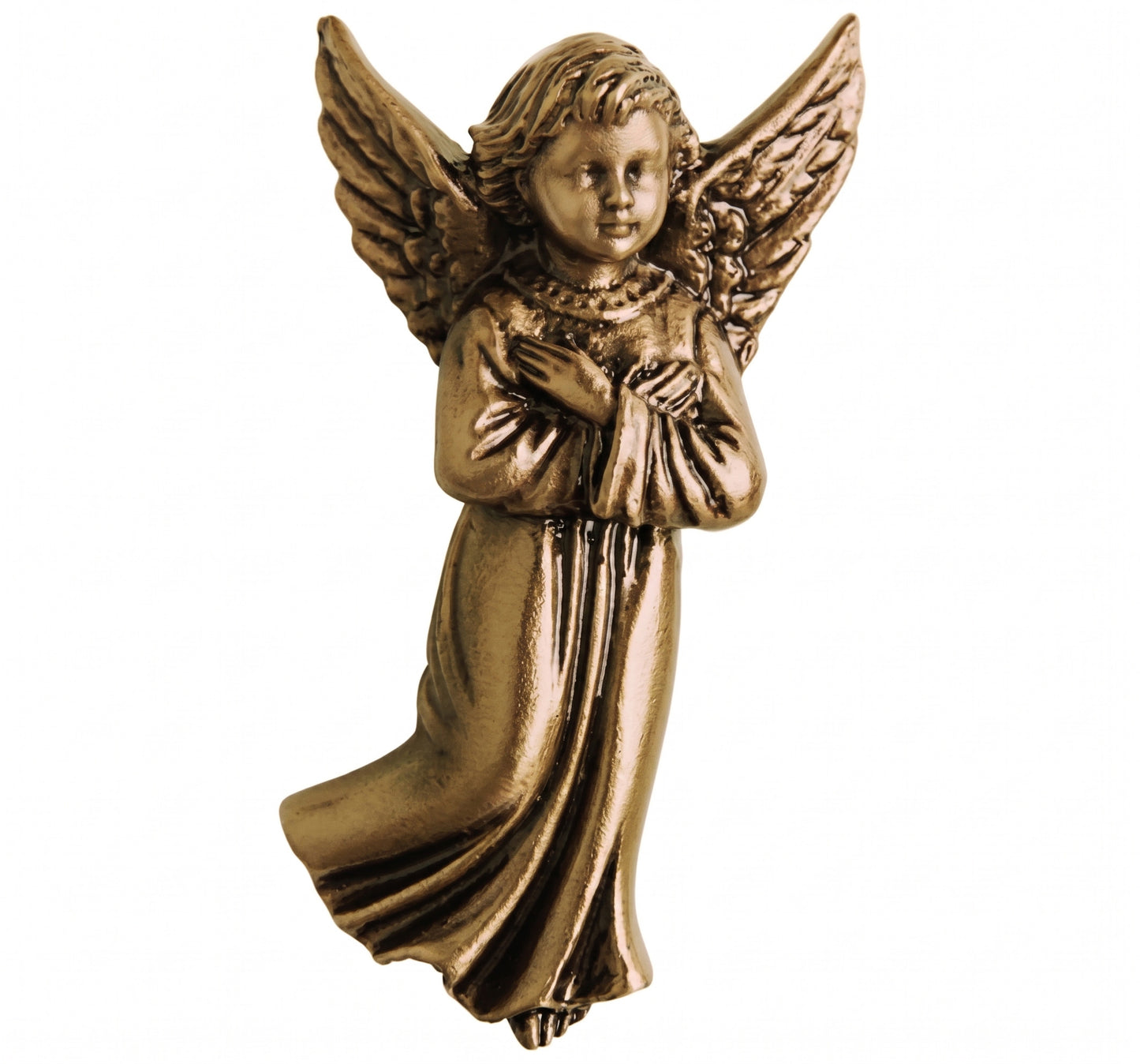 Figura de angelito decorativo en bronce fundido de 10 cm. Instalación mediante taladro con pernos ocultos para una sujeción permanente y antirrobo en lápidas.
