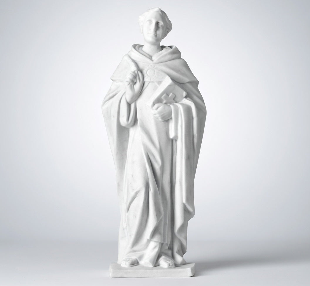 Imagen religiosa de Santo Tomás de Aquino en mármol sintético modelo MR 6391, diseñada para la ornamentación de lápidas, nichos y arte funerario de alta resistencia.