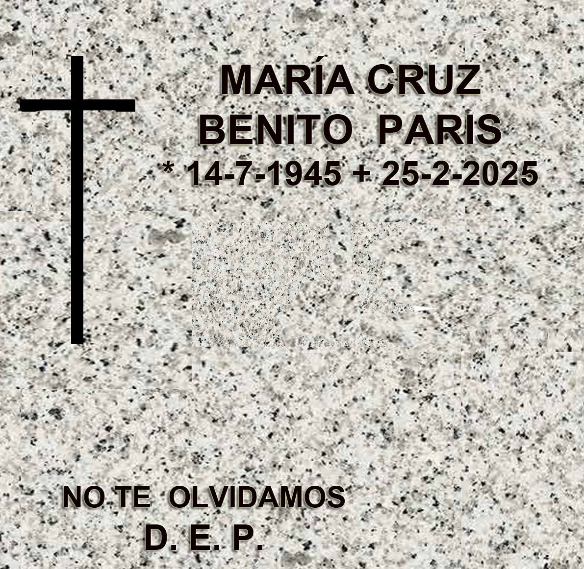 Decoración de lápida de columbario en Madrid con cruz e inscripción grabada. Trabajo profesional de marmolista, acabado duradero y adaptación a normativas de cementerio. Memorial Spain.