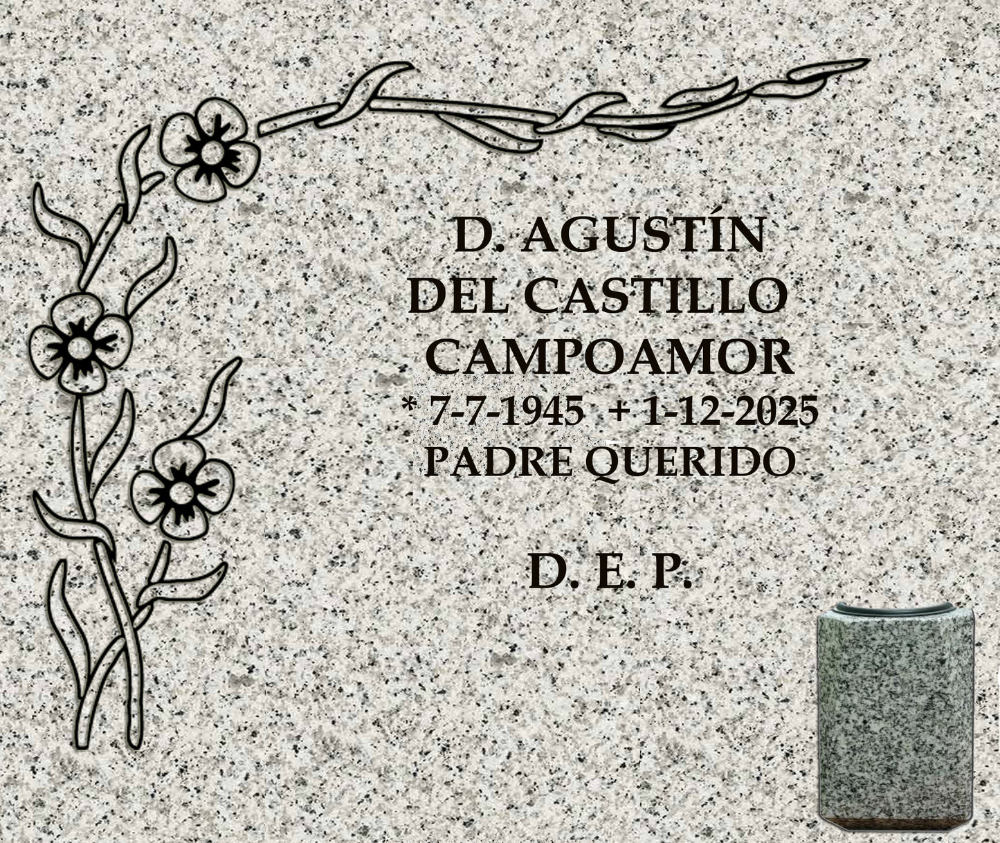 Lápida de nicho con marco de flores y jarrón, grabado profesional en Madrid. Fabricación, personalización e instalación según normativa del cementerio. Memorial Spain.