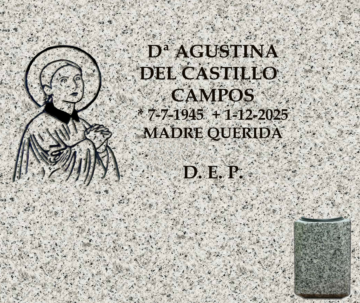 Lápida de nicho con Santa Gema y jarrón, grabado profesional en Madrid. Fabricación, personalización e instalación según normativa del cementerio. Memorial Spain.