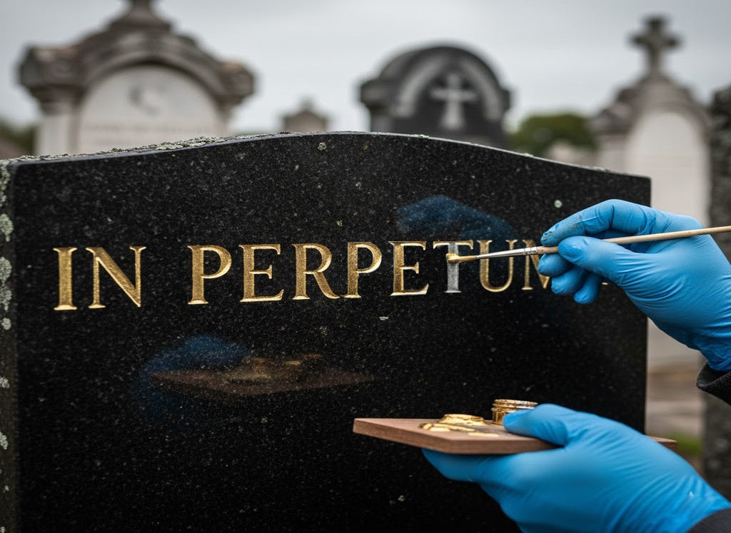 Servicio profesional de pintado de inscripciones en lápidas y sepulturas en Madrid. Recuperamos y perfilamos letras borradas en oro, plata, negro y blanco.