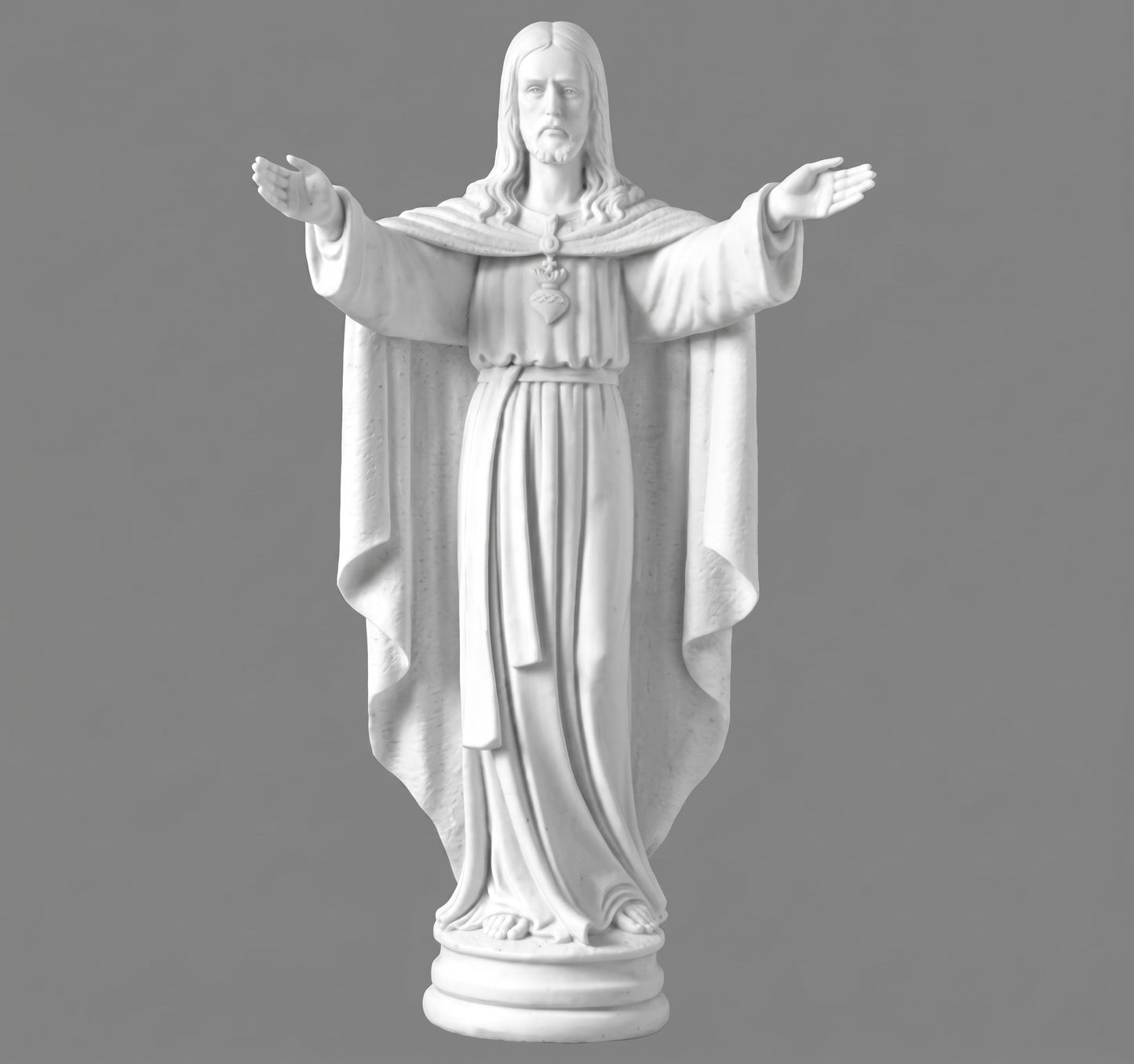 Elegante imagen del Sagrado Corazón de Jesús (82 y 108 cm). Fabricada en mármol sintético resistente, ideal para capillas o altares domésticos. Envío garantizado.