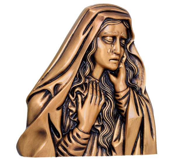 Conmovedor busto en relieve de la Virgen Dolorosa esculpido en bronce (27 cm). Una pieza de gran categoría y resistencia eterna para lápidas y panteones. ¡Pídelo ya!