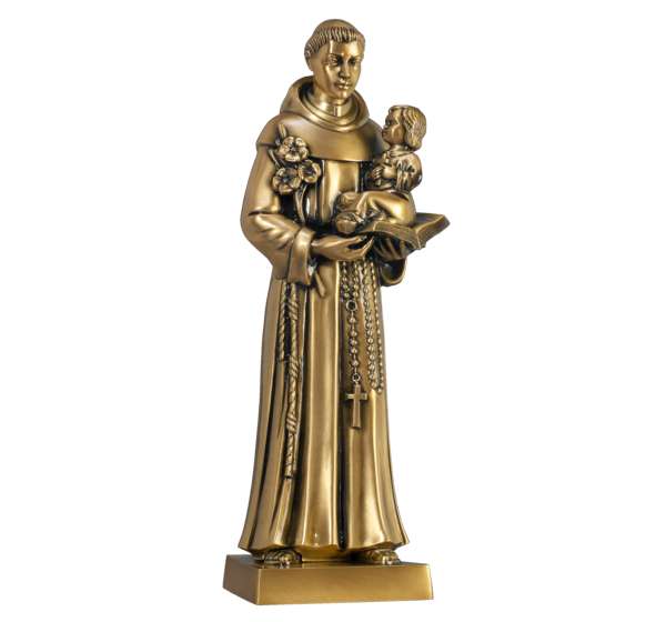 Estatua de San Antonio con el Niño Jesús en bronce fundido. Medidas 60x21x19 cm. Ideal para panteones y fijación a suelo. Fabricación bajo pedido en Memorial Spain.