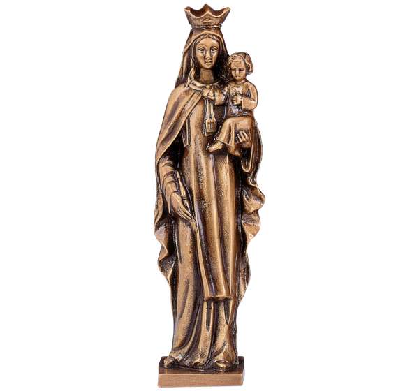 Elegante imagen de la Virgen del Carmen en bronce de 23 cm. Acabado de alta resistencia ideal para lápidas, nichos y sepulturas. Calidad artesanal y durabilidad exterior.