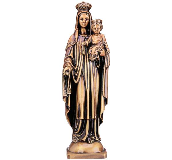 Imagen de la Virgen del Carmen en bronce de 50 cm. Escultura de alta calidad para lápidas, nichos grandes y panteones. Resistente a la corrosión y acabados artísticos.