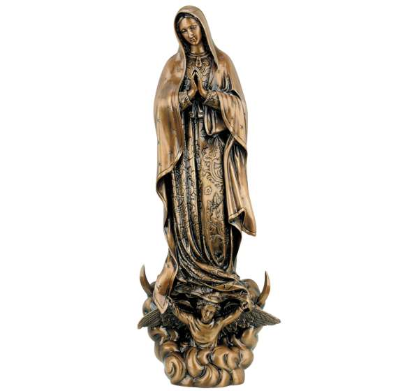 Imagen monumental de la Virgen de Guadalupe en bronce de 80 cm. Escultura artística de alta gama para panteones y mausoleos. Resistencia total a la intemperie.