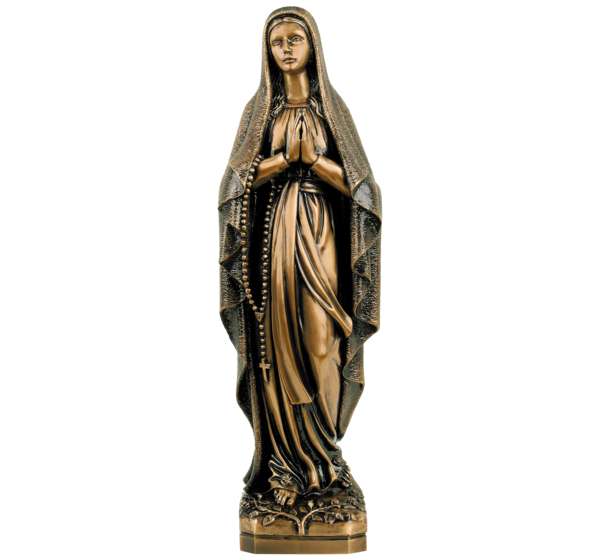 Imagen de la Virgen de Lourdes en bronce de 50 cm. Escultura de alta gama para la decoración de panteones, mausoleos y tumbas. Máxima resistencia y acabado artístico.