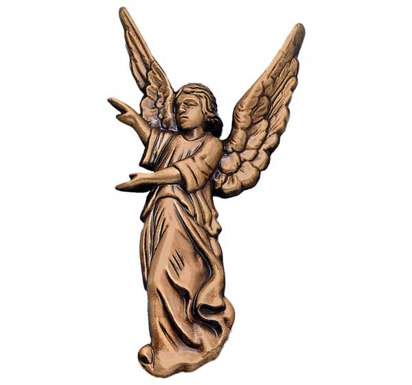 Figura de ángel en bronce para lápidas, disponible en 8 y 18 cm. Con dorso plano para pegar de forma sencilla, segura y con máxima resistencia en exteriores.