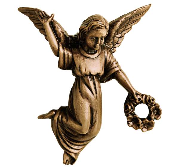 Figura de ángel con corona en bronce fundido de 10 cm (Ref. BR 4605). Instalación mediante taladro con pernos ocultos para máxima seguridad en lápidas.