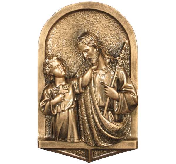 Imagen religiosa de San José modelo MR 6734 en mármol sintético, disponible en dos colores, diseñada para ornamentación de arte funerario.