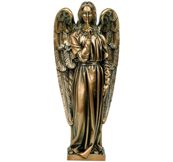 Imagen del Ángel del Silencio en bronce fundido de 35 cm (Ref. BR 5044). Instalación mediante taladro con pernos ocultos para máxima seguridad antirrobo en lápidas.