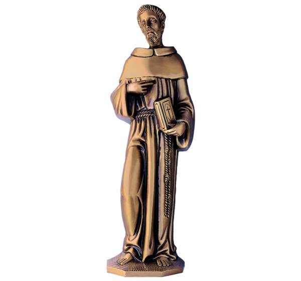 Imagen de San Francisco en bronce fundido de 36 cm (Ref. BR 5080). Instalación mediante taladro con pernos ocultos para una fijación de alta seguridad en lápidas.