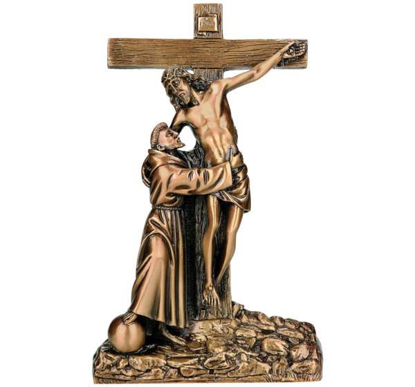 Imagen de San Francisco en bronce fundido de 39 cm (Ref. BR 5082). Instalación mediante taladro con pernos ocultos para una fijación de alta seguridad en lápidas.