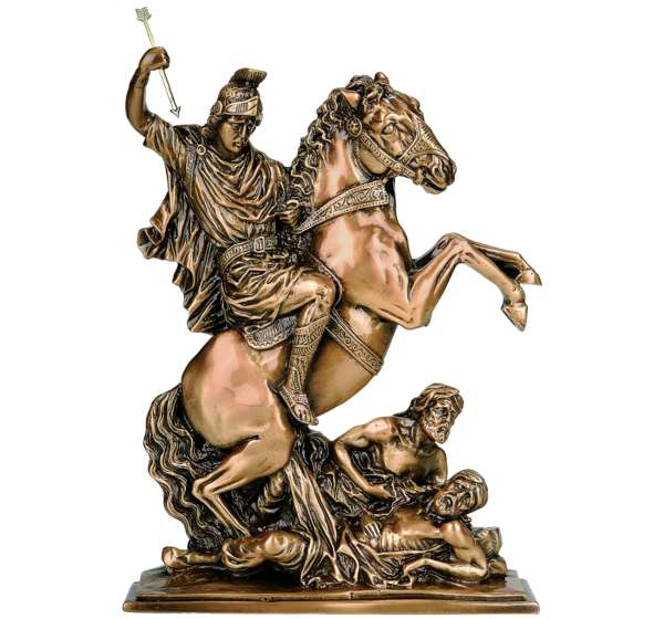 Imagen de San Jorge en bronce fundido de 38 cm (Ref. BR 5518). Instalación mediante taladro con pernos ocultos para una fijación de alta seguridad en lápidas.