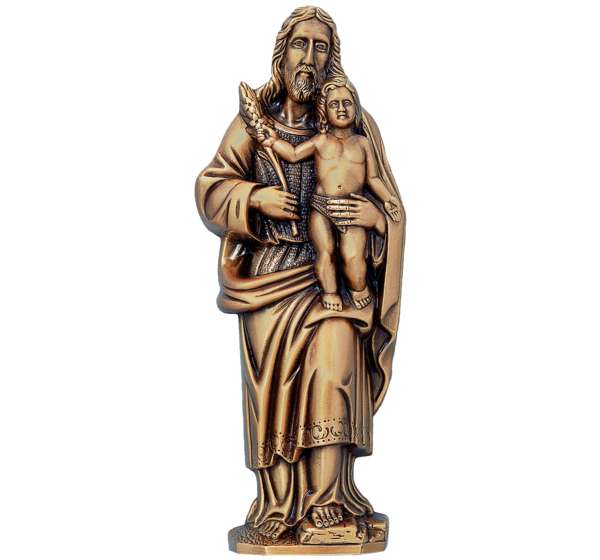 Imagen de San José en bronce de 37 cm. Instalación mediante taladro con pernos ocultos para una fijación de alta seguridad y máxima resistencia en lápidas.