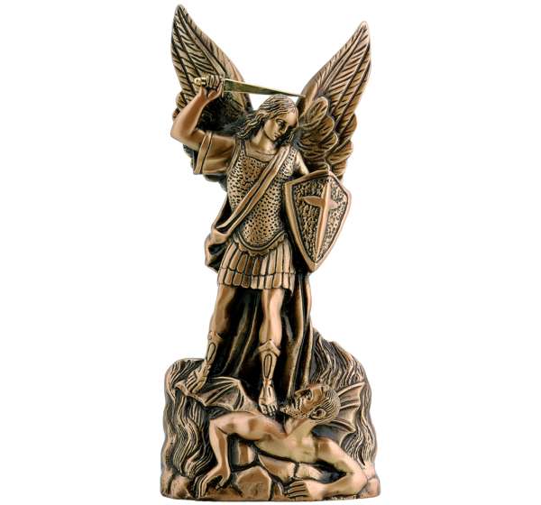 Imagen de San Miguel en bronce fundido de 36 cm (Ref. BR 5340). Instalación mediante taladro con pernos ocultos para una fijación de alta seguridad en lápidas.