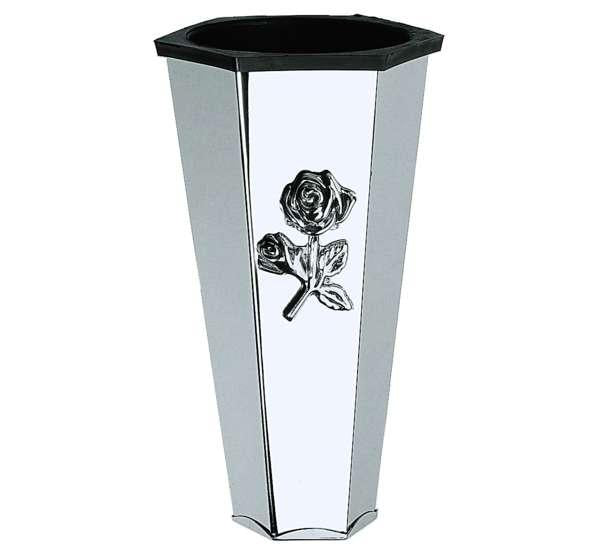 Compra jarrón funerario de pared (17 cm) en acero inoxidable con elegante detalle de rosa. Alta resistencia para lápidas y nichos exteriores. Entra y descúbrelo.