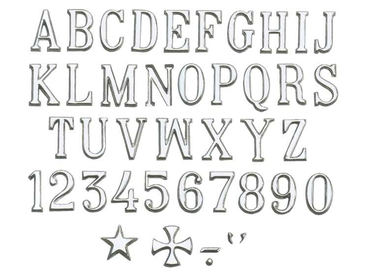 Inscripción en letras estrechas de acero inoxidable para sepulturas. Alta resistencia para exterior, acabado preciso y duradero, ideal para granito y mármol. Servicio profesional.