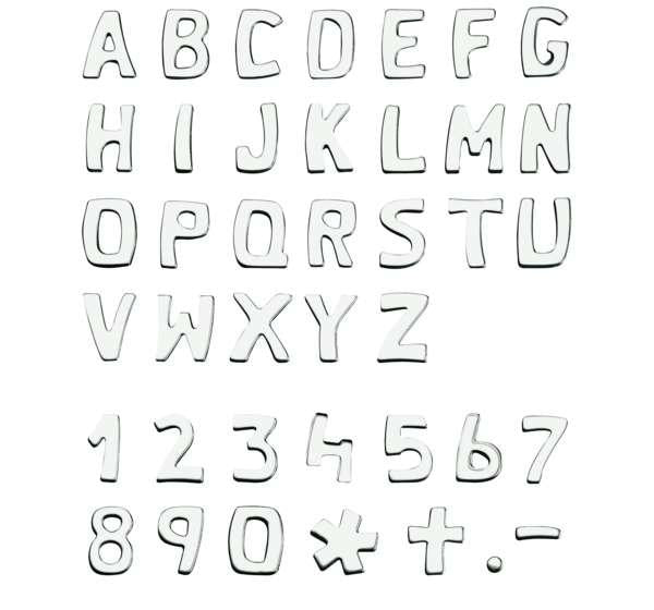 Letras adhesivas de acero inoxidable para lápidas, disponibles en tamaños de 5 cm y 3 cm. Resistentes al exterior, fácil colocación y acabado duradero.