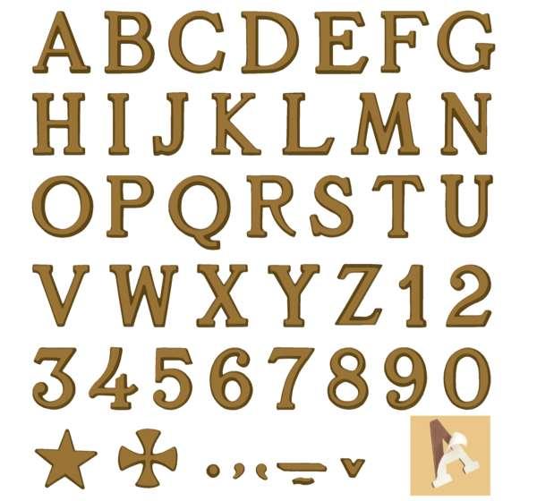 Letras adhesivas romanas de bronce para lápidas, disponibles en 5 cm y 3 cm. Resistentes al exterior, fácil colocación y acabado clásico para inscripciones funerarias.
