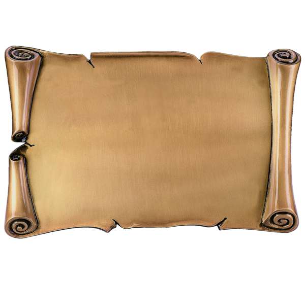 Pergamino de bronce de gran formato para lápidas, apto para posición horizontal o vertical, con fijación a pared y opción de instalación en suelo mediante soporte. Personalizable con grabado en diferentes tipos de letra.