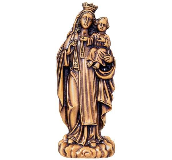 Escultura de la Virgen del Carmen en bronce (34 cm). El tamaño mediano ideal con la proporción perfecta para el centro de lápidas, nichos y panteones. ¡Compra aquí!
