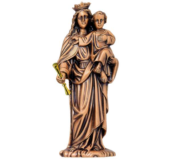 Hermosa escultura en relieve de la Virgen María Auxiliadora en bronce (34 cm). El aplique central perfecto y eterno para aportar fe y elegancia a lápidas y panteones.