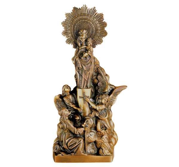 Espectacular relieve de la Virgen del Pilar clásica fundida en bronce (46 cm). Una escultura monumental de gran formato y elegancia eterna para lápidas y panteones.