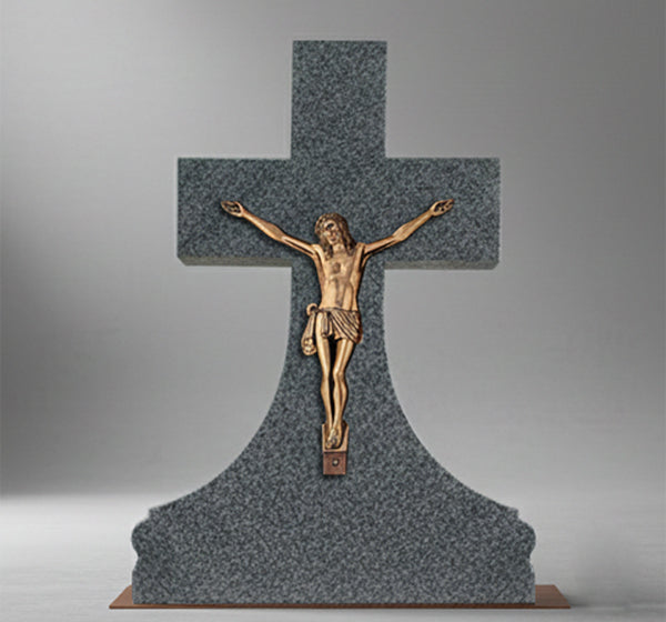 El Cristo con INRI modelo BR 5635 está elaborado en bronce, un material tradicional y muy valorado en arte funerario por su resistencia, durabilidad y estética solemne